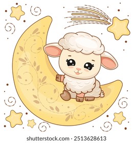 Adorable sheep sitting on the moon. Hand drawn cute vector character. Vector illustration of cartoon sheep on white background