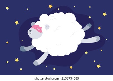 Adorable sheep wearing pink sleeping eyes pad jumping within stars. Concept of good night, sleeping well, good dream. Character cartoon for kids. Flat vector illustration.