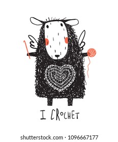 Adorable sheep with yarn and crochet. Cute sheep crocheting a heart with quote sign. Vector illustration.