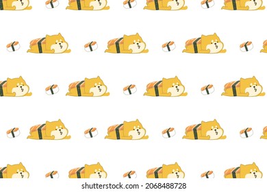 Perro Shiba adorable con vestido de sushi. Caricatura de Shiba Inu sin fisuras. Fondo de patrón para niños, decoración, impresión. Ilustración vectorial plana.