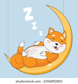 Adorable Shiba Inu character sleeping and dreaming on a yellow moon. For posters, cards, nursery room
