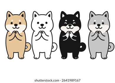 Adorable shiba inu dog characters in four colors (cream, white, black, gray) standing upright with hands together. Perfect for stickers, merchandise, or children's content. Vector cartoon style.