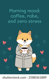 Adorable Shiba Inu dog in pajamas with warm drink, morning mood with coffee, robe and zero stress