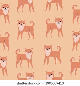 Adorable shiba inu dogs with funny eyes on a pastel background. Dog seamless pattern.