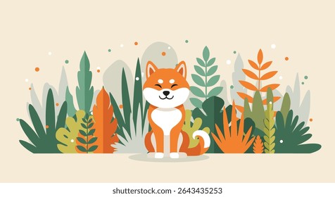 Adorável Shiba Inu na natureza Pixel Art Ilustração para o relaxamento pacífico e felicidade