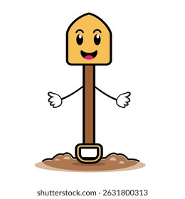 Adorable shovel character in flat 2D cartoon style with a smile. Suitable for garden kits, educational tools, or kid-themed content.