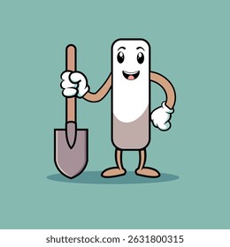 Adorable shovel character in flat 2D cartoon style with a smile. Suitable for garden kits, educational tools, or kid-themed content.