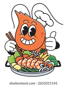 Adorável personagem de desenho animado chef de camarão desfrutando de um prato colorido de frutos do mar com pauzinhos. O prato apresenta camarão, marisco, legumes, cogumelos e milho. 
