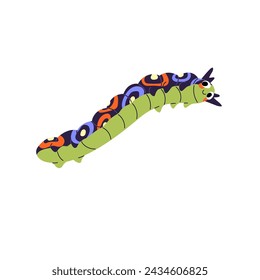 Adorable shy caterpillar with bright patterned skin. Cute centipede with happy emotions, facial expression. Funny butterfly larva, little worm. Flat isolated vector illustration on white background