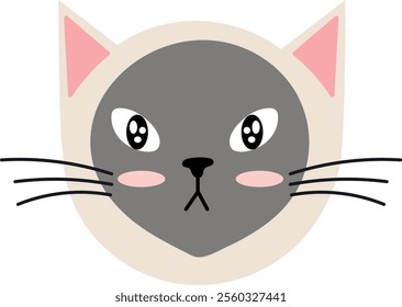 Adorable siamese cat face with big eyes, pink ears and nose, looking forward on a white background, perfect for children book illustrations or any other project