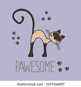 Adorable Siamese cat illustration with paw prints and lettering. Flat vector design on purple background. Happy domestic kitten drawing.