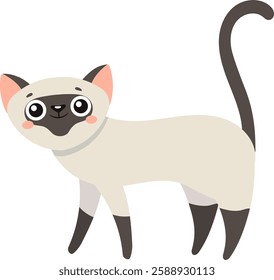 Adorable siamese cat standing on all fours with its tail raised, looking forward with big eyes and a calm expression, in a simple and colorful cartoon style