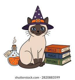 Adorable siamese cat wearing a witch's hat sits next to a stack of magic spell books and a bubbling potion bottle with a 'witch's brew' tag.