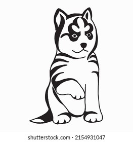  Adorable siberian husky dog cub hand drawing calligraphy. Husky dog sitting isolated on white background. Hand drawn domestic pet dog vector illustration.