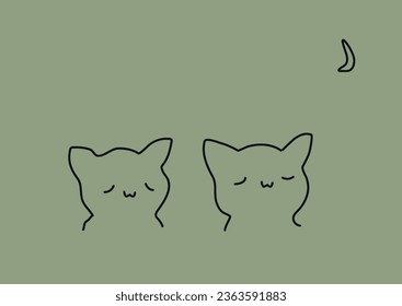 Adorable silhouette of two kittens under the moon. Asian aesthetics. Green background, hand drawn, art decorations, decoration print. Isolated background
