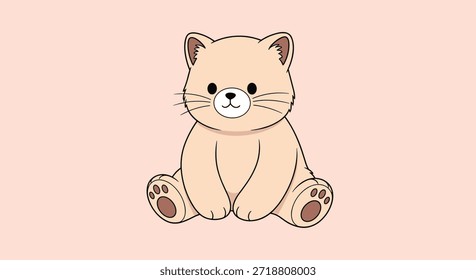 Gato o gatito de dibujos animados adorable y simple sentado en una pose linda sobre un fondo rosa claro sólido, mirando hacia adelante dulcemente.