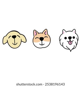 Adorable, Simple Cartoon Dog Heads Collection in Three Unique Colors with Rounded Features on a White Background for Playful Designs