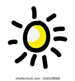 Adorable Simple Vector Sun Clip Art. Summer Sunshine Icon. Hand Drawn Kawaii Kid Motif Illustration In Flat Color. isolated Baby, Nursery and Childhood Doodle. Colorful Cute Yellow Sunrise.