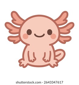 Adorable sitting axolotl cartoon character in kawaii style. Calm and cute expression, perfect for stickers, kids products, and animal-themed vector designs.