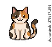 Adorable sitting calico cat in 8-bit pixel art style. High quality vector illustration of a three color kitten for games and pet designs.