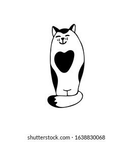 An adorable sitting cat  in doodle style.  It is black and white with a heart on chest. Hand drawn vector illustration in black ink on white background. Isolated picture for your design. 