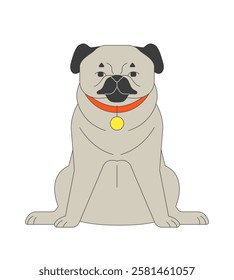 Adorable sitting pug with red collar tag 2D cartoon character. Cute small dog breed. Pet mascot. Domestic canine isolated animal flat vector on white background. Spot illustration colorful