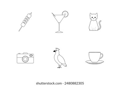 Adorable Skewers, Cocktail, Cat, Camera, Cockatoo, and Teacup Vector Illustrations