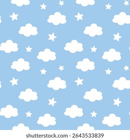 Adorable Sky-Themed Seamless Pattern with Clouds and Stars in Soft Blue and White Color Scheme

