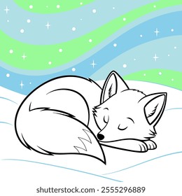 Adorable Sleeping Arctic Fox - Cartoon Line Art Illustration.