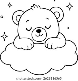 Adorable sleeping bear cartoon on a fluffy cloud with stars in black and white line art for kids bedtime theme