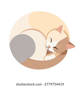 Adorable Sleeping Calico Cat Illustration in Circular Flat Design