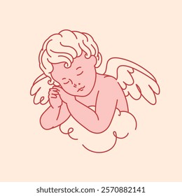 Adorable sleeping cupid angel resting on soft cloud, symbolizing innocence, love, and peace. Minimalist line art is perfect for maternity, Valentine's Day. Ideal for cards, posters, tattoos and prints