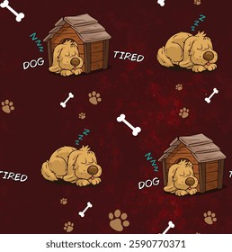 Adorable Sleeping Dogs in Dog Houses - Seamless Pattern