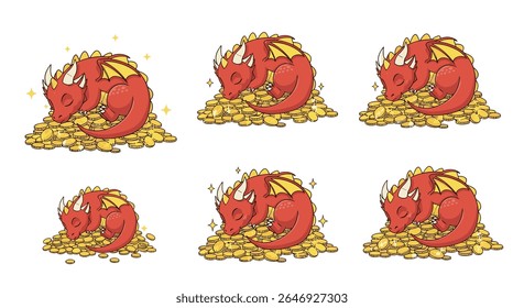 Adorable Sleeping Dragon Guarding a Large Pile of Golden Coins With Sparkle Effects