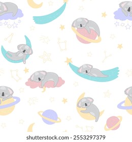 Adorables koalas durmientes en el espacio sobre fondo blanco. Patrón sin fisuras de Vector con oso australiano. Lindo diseño de ropa de cama infantil. Marsupiales dibujados a mano para niños scrapbooking. Fondo de pantalla de la guardería.