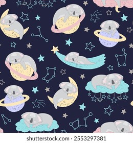 Adorables koalas durmientes en el espacio sobre fondo oscuro. Patrón sin fisuras de Vector con oso australiano. Lindo diseño de ropa de cama infantil. Marsupiales dibujados a mano para niños scrapbooking. Fondo de pantalla de la guardería.