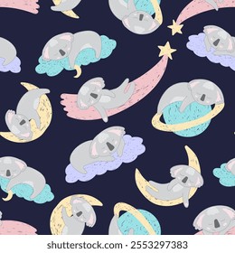 Adorables koalas durmientes en el espacio sobre fondo oscuro. Patrón sin fisuras de Vector con oso australiano. Lindo diseño de ropa de cama infantil. Marsupiales dibujados a mano para niños scrapbooking. Fondo de pantalla de la guardería.