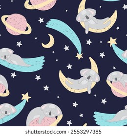 Adorables koalas durmientes en el espacio sobre fondo oscuro. Patrón sin fisuras de Vector con oso australiano. Lindo diseño de ropa de cama infantil. Marsupiales dibujados a mano para niños scrapbooking. Fondo de pantalla de la guardería.