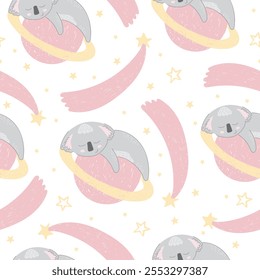 Adorables koalas durmientes en el espacio sobre fondo blanco. Patrón sin fisuras de Vector con oso australiano. Lindo diseño de ropa de cama infantil. Marsupiales dibujados a mano para niños scrapbooking. Fondo de pantalla de la guardería.