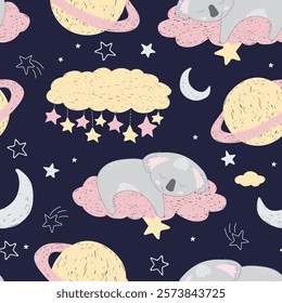 Adorable sleeping koalas in space on dark background. Vector seamless pattern with Australian bear. Cute childish bed linen design. Hand drawn marsupials for kids scrapbooking. Nursery wallpaper.