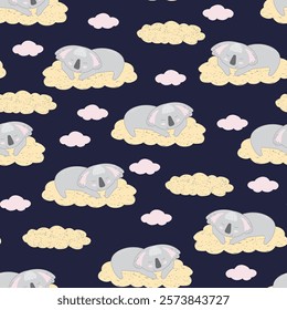 Adorable sleeping koalas in space on dark background. Vector seamless pattern with Australian bear. Cute childish bed linen design. Hand drawn marsupials for kids scrapbooking. Nursery wallpaper.