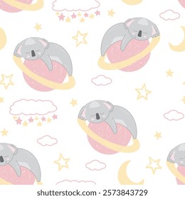 Adorable sleeping koalas in space on white background. Vector seamless pattern with Australian bear. Cute childish bed linen design. Hand drawn marsupials for kids scrapbooking. Nursery wallpaper.