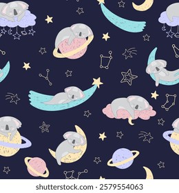 Adorable sleeping koalas in space on dark background. Vector seamless pattern with Australian bear. Cute childish bed linen design. Hand drawn marsupials for kids scrapbooking. Nursery wallpaper.