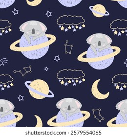 Adorable sleeping koalas in space on dark background. Vector seamless pattern with Australian bear. Cute childish bed linen design. Hand drawn marsupials for kids scrapbooking. Nursery wallpaper.