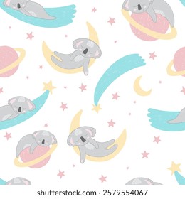 Adorable sleeping koalas in space on white background. Vector seamless pattern with Australian bear. Cute childish bed linen design. Hand drawn marsupials for kids scrapbooking. Nursery wallpaper.