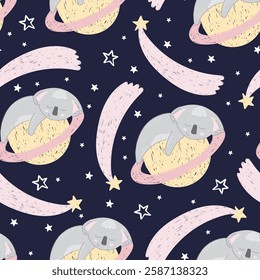 Adorable sleeping koalas in space on dark background. Vector seamless pattern with Australian bear. Cute childish bed linen design. Hand drawn marsupials for kids scrapbooking. Nursery wallpaper.