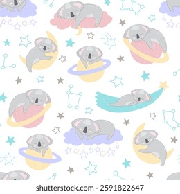 Adorable sleeping koalas in space on white background. Vector seamless pattern with Australian bear. Cute childish bed linen design. Hand drawn marsupials for kids scrapbooking. Nursery wallpaper.