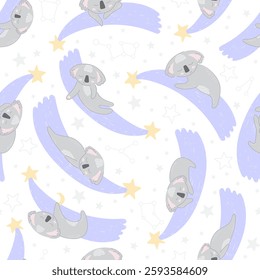 Adorable sleeping koalas in space on white background. Vector seamless pattern with Australian bear. Cute childish bed linen design. Hand drawn marsupials for kids scrapbooking. Nursery wallpaper.