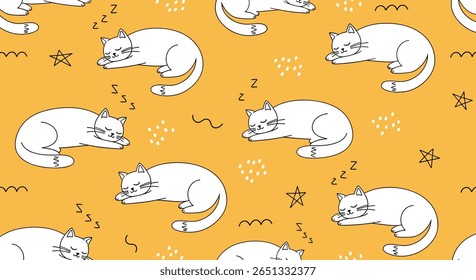 Adorable sleeping white cats on a warm yellow background with playful doodle elements