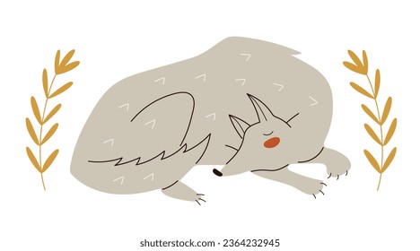 Adorable sleeping wolf in Scandinavian  style, isolated vector illustration